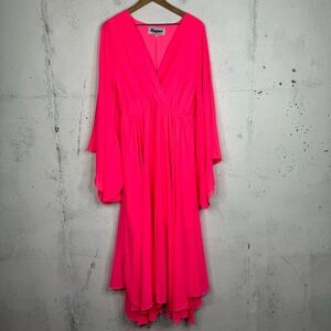 Meghan Los Angeles Sunset Midi Neon Pink Hot Pink Dress Wide Sleeve Size Large